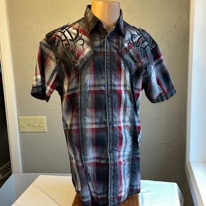 🔥ROAR Signature Edition-Plaid Woven Button Up-Short Sleeve-Blk/Dk Red-XLARGE